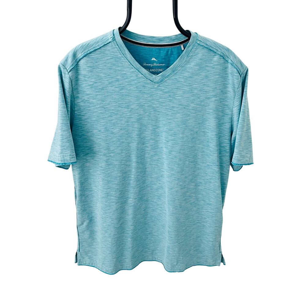 Tommy Bahama IslandZone Performance Shirt Mens Size Medium Blue Raw Edge V-Neck